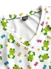 PopScrub Short Sleeve V-Neck Casual & Simple Frog Cartoon Scrub Uniform Top For Summer - Multicolor - View 4