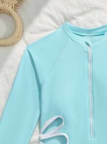 Wildeya Traje de baño de protección solar de manga larga con cremallera de un solo color, elegante para el verano, para adolescentes
