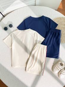 4pcs Young Boys' Two Pieces Casual Contrasting T-Shirt And Work-Contrasting Sports Knitted Shorts Set. Buy One, Get One Free And Get Two Sets. Children's Clothing. Suitable For Home Vacation, Party, School, Vacation And Sports. Suitable For Spring And Summer.