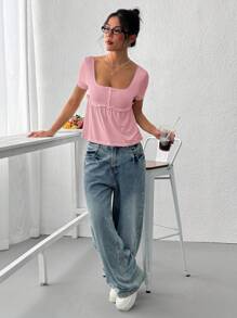 SHEIN EZwear 夏季简约纯色针织方领纽扣T恤 - 粉色 - 查看 4