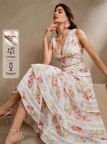 Anewsta 女士轻盈奢华度假优雅 V 领花卉印花多层荷叶边蕾丝下摆细肩带连衣裙，适合节日、外出、度假