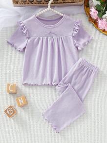 Infant & Baby Girl2Pcs Set - Knit Jacquard Top With Ruffle Sleeve And Matching Wavy Hem Pants, Comfortable Loungewear, Spring/Summer - Violet Purple - View 7