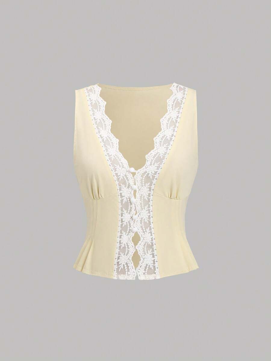 Sweetra Áo khoác cardigan ôm sát cổ chữ V phối ren gợi cảm mới dành cho nữ - Màu vàng - Xem 1