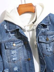 Manfinity Homme 男士破洞单排扣休闲牛仔夹克，秋季款 - 藍色 - 查看 3