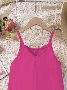 SHEIN Young Girl Summer Casual Solid Color Dual Pocket Jumpsuit - Hot Pink - View 5