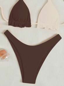 Swim Basics Contrast Color Halter Wireless Split Bikini Swimwear, Suitable For Summer Beach - Brown - View 4