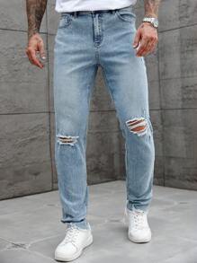 Manfinity Homme Light Blue Denim Casual Elastic Skinny Ripped Pants For Men - Light Wash - View 6