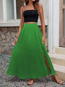 Breezaya Váy dài xẻ tà màu trơn cho nữ, váy maxi xẻ đùi boho cạp cao, mùa xuân/thu, trang phục thường ngày đi biển nghỉ dưỡng - màu xanh lá - Xem 3