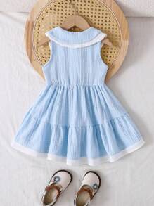 SHEIN 春夏款棉质纱布双层领 A 字裙，女孩荷叶边下摆，适合聚会和外出。 - 淺藍色 - 查看 2