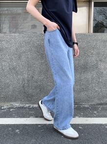 SHEIN Teen Boy Casual Fashion Snow Texture Elastic Waistband Loose Straight Leg Jeans For Teen Boy Clothes Boys Soft Dailywear And Teen Boy Summer And Spring Clothes - Blue - View 6