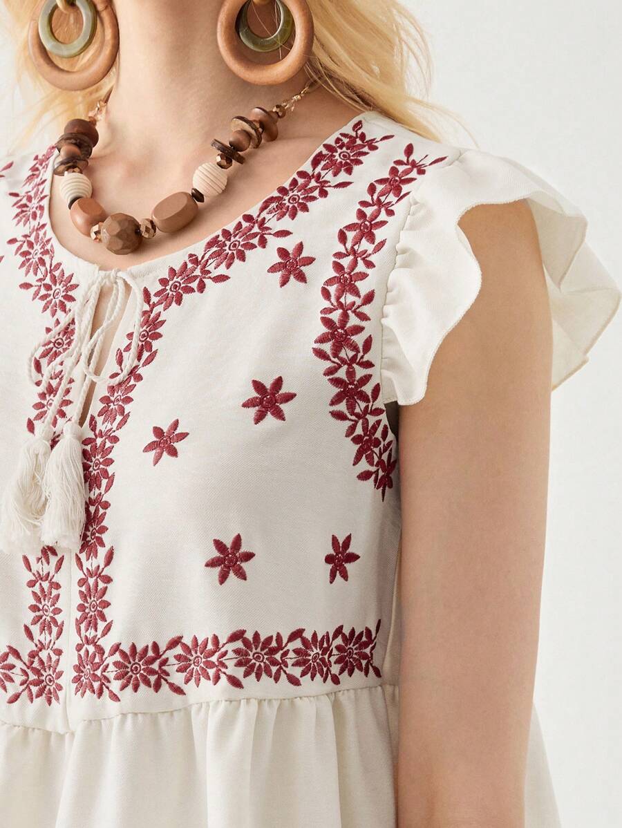 Florisole 女式春夏 V 领杏色流苏和刺绣花卉短袖衬衫