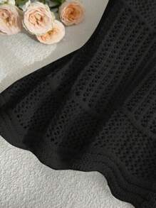 SHEIN Privé Plus Size Casual Vacation Front Tie Crochet Oversize French Cardigran Short Sleeve Sweater For Women - Black - View 7