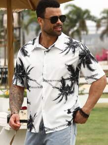 Manfinity RSRT Cămașă cu mânecă scurtă cu imprimeu cocos, ocazional de vacanță, pentru bărbați de mărimi plus