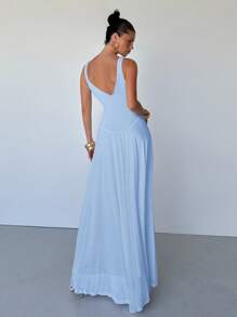 Aloruh 女士优雅深 V 形吊带连衣裙，金属装饰，A 字廓形，适合约会、派对、婚礼、毕业典礼 - 淺藍色 - 查看 2