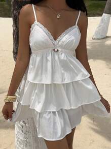 Lyxana 女式度假海滩休闲花卉荷叶边装饰多层下摆吊带迷你连衣裙 - 白色 - 查看 7