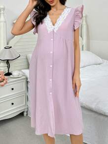 SHEIN Camicia da notte lunga da donna casual, con scollo a V in pizzo, monopetto, con volant, ampia, adatta alla gravidanza