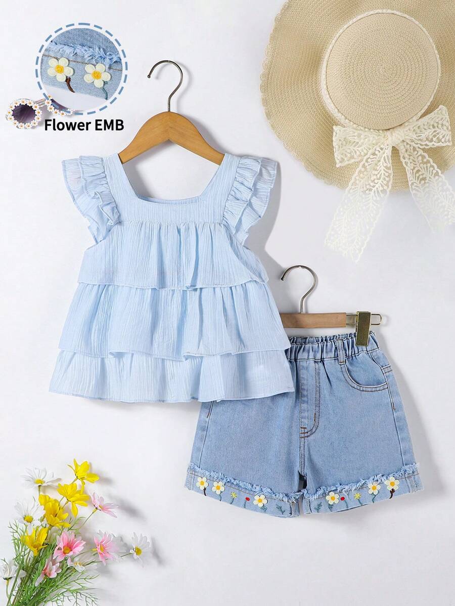 2pcs/Set Girls Versatile Summer Cute Lady-Like Embroidery Outfit - Baby Blue - View 1