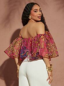 Vixey 露肩印花欧根纱上衣，波西米亚风，波西米亚女装，可爱夏日上衣，海岛度假，假期 - 玫紅色 - 查看 3