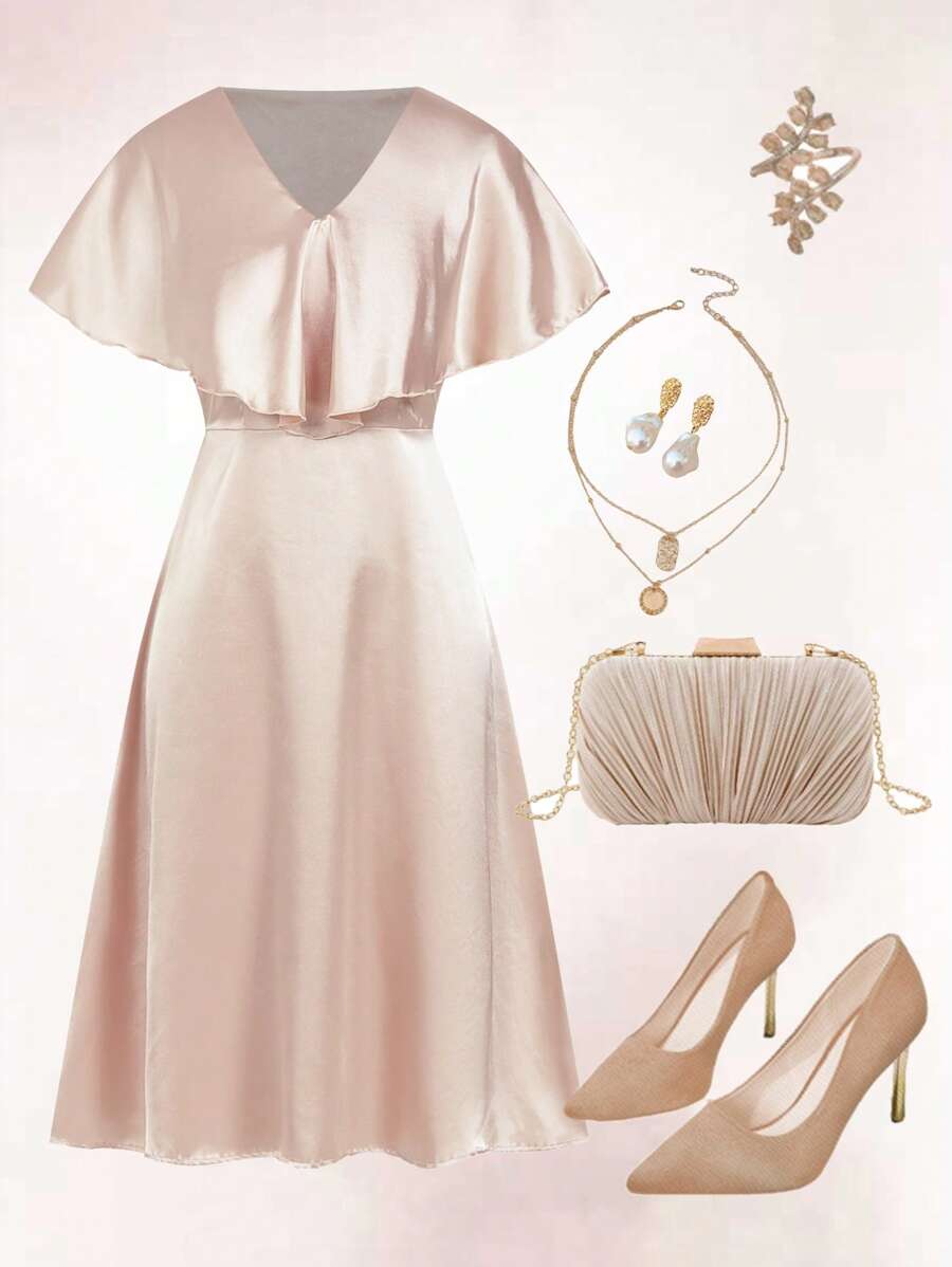 Ellevyn Women's Elegant Champagne Satin Midi Dress With V Neck And Cap Sleeves For Special Occasions - Champagne - View 1