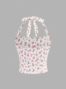 Tween Girls' Casual Resort Bow Decor Ditsy Ditsy Floral Slim Fit Side Ruched Halter Neck Knitted Rib Tank Top - Red - View 2