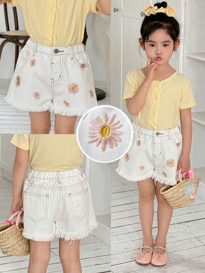 SHEIN Girls Daisy Embroidery White Denim Loose Frayed Hem Shorts, Summer