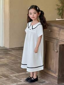 Girls' White Loose Fit Navy Style Dress - White - View 6