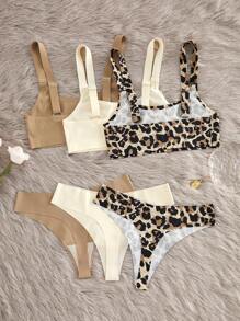 Bare Chapter 6件套休闲女士舒适简约时尚豹纹无衬里无钢圈文胸和低腰丁字裤内衣套装 - 彩色 - 查看 2