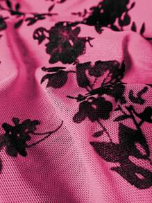 EgrlEra 女士性感派对植绒网眼花卉印花纯色长袖紧身连衣裙 - 粉色 - 查看 6