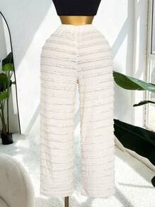 Maweii 大码女式纯色春夏度假时尚蕾丝面料流苏绳宽松阔腿裤，时尚长裤