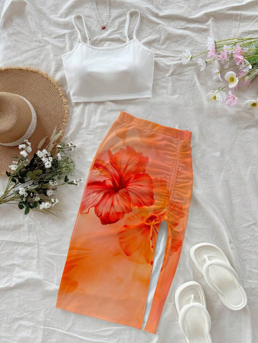 Soleia Bộ 2 chiếc họa tiết nhuộm loang hoa dâm bụt cổ điển dành cho nữ, phong cách nghỉ dưỡng thường ngày, gợi cảm, dễ thương, cô gái dừa Y2K, phong cách Boho, thích hợp cho lễ hội âm nhạc mùa hè - Nhiều màu - Xem 1