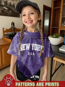 SHEIN Leap Crew 青少年女孩休闲简约短袖 T 恤和短裤两件套，适合夏季