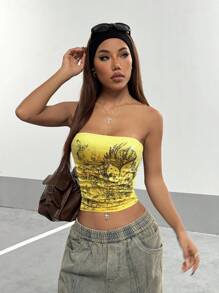 SHEIN X Lucía Bellido StreetHx Streetwear 女式铆钉抹胸上衣 - 黃色 - 查看 6