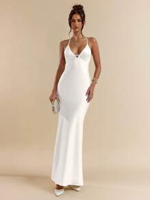 SHEIN BAE Apricot & White Deep V-Neck Backless Tie-Up Dress, Elegant Long Dress For Vacation, Wedding Bridesmaid, Birthday Party, Back To School Graduation, Spring/Summer,Bodycon Dress - White - View 3