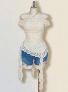 SHEIN ICON 大码女式休闲音乐节露肩网眼荷叶边不对称下摆上衣