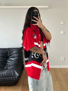 StreetHx Women's Summer Street Style English Text Print Short Sleeve Shirt - Red - View 3