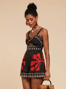 Travachic Damen Jumpsuit mit Blume Muster für den Urlaub, Frühling/Sommer - Schwarz - Übersicht 3