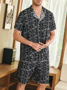 CoupledUp Floral Print Lapel Collar Short Sleeve Shorts Men Pajama Set - Black - View 4