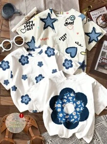 4pcs/Pack Tween Girls Casual Star, Heart & Floral Print Short Sleeve Round Neck T-Shirts, Suitable For Summer - Multicolor - View 1