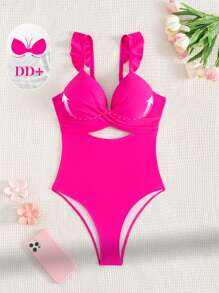 Swim DD+ 女士时尚纯色 DD 罩杯性感交叉前带飞边文胸，夏季 - 玫紅色 - 查看 4