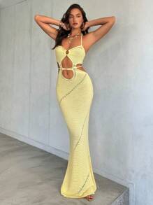 Aloruh Váy len buộc cổ màu vàng nhạt thanh lịch cho nữ - Màu vàng - Xem 6