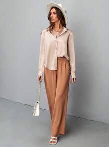 SHEIN Clasi Plus Size Shiny Satin Satin Button-Up Shirt - Dusty Pink - View 4