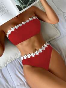 Traje de baño de dos piezas para mujer de talla grande para playa en verano - Rojo - Ver 1