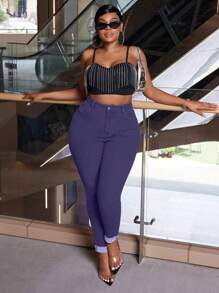 SHEIN SXY 大码女式弹力蓝色复古百搭卷边紧身牛仔裤 - 紫色 - 查看 6