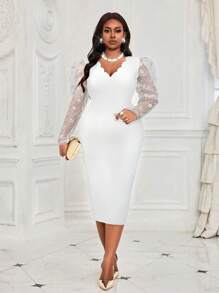 Fleurora 大码秋冬优雅通勤派对婚礼酒会办公室彩色针织刺绣 V 领铅笔袖撞色网眼中长袖连衣裙 - 白色 - 查看 3
