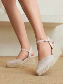 Styleloop Women's Simple Canvas Shoes With Ankle Strap, Elastic Band, Zipper Closure, Round Toe With Metal Hollow Buckle, Woven Platform Wedge Sandals For Vacation - Apricot - View 8