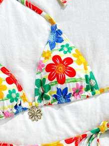 SHEIN Swim 2pcs/Set Summer Beach Holiday Women Floral Print Bikini Swimsuit, Triangle Top And Drawstring Bottom - Multicolor - View 1