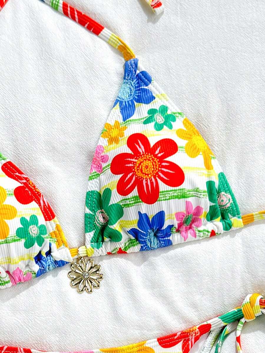 SHEIN Swim 2pcs/Set Summer Beach Holiday Women Floral Print Bikini Swimsuit, Triangle Top And Drawstring Bottom - Multicolor - View 1