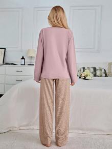 SHEIN Cottnline 100%纯棉两件套眼睛和心形印花睡衣套装 - 淺粉色 - 查看 2