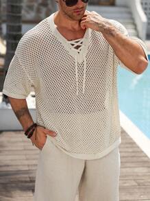 Manfinity RSRT Men's V-Neck Hollow Short Sleeve T-Shirt, Fashionable Suitable For Summer, Rave - Apricot - View 5