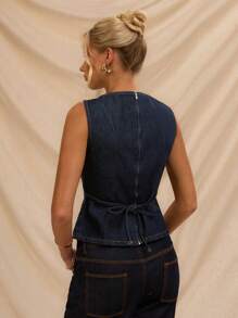 Avantive Ladies High Street Spice Jacquard Sleeveless Denim Top Blue Women Tops Club Denim Cowgirl Top Western Wear Women - Dark Wash - View 2